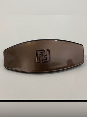 FENDI FF Zucca Logos Barrette Brown Plastic Gold Plated Vintage Authentic RARE